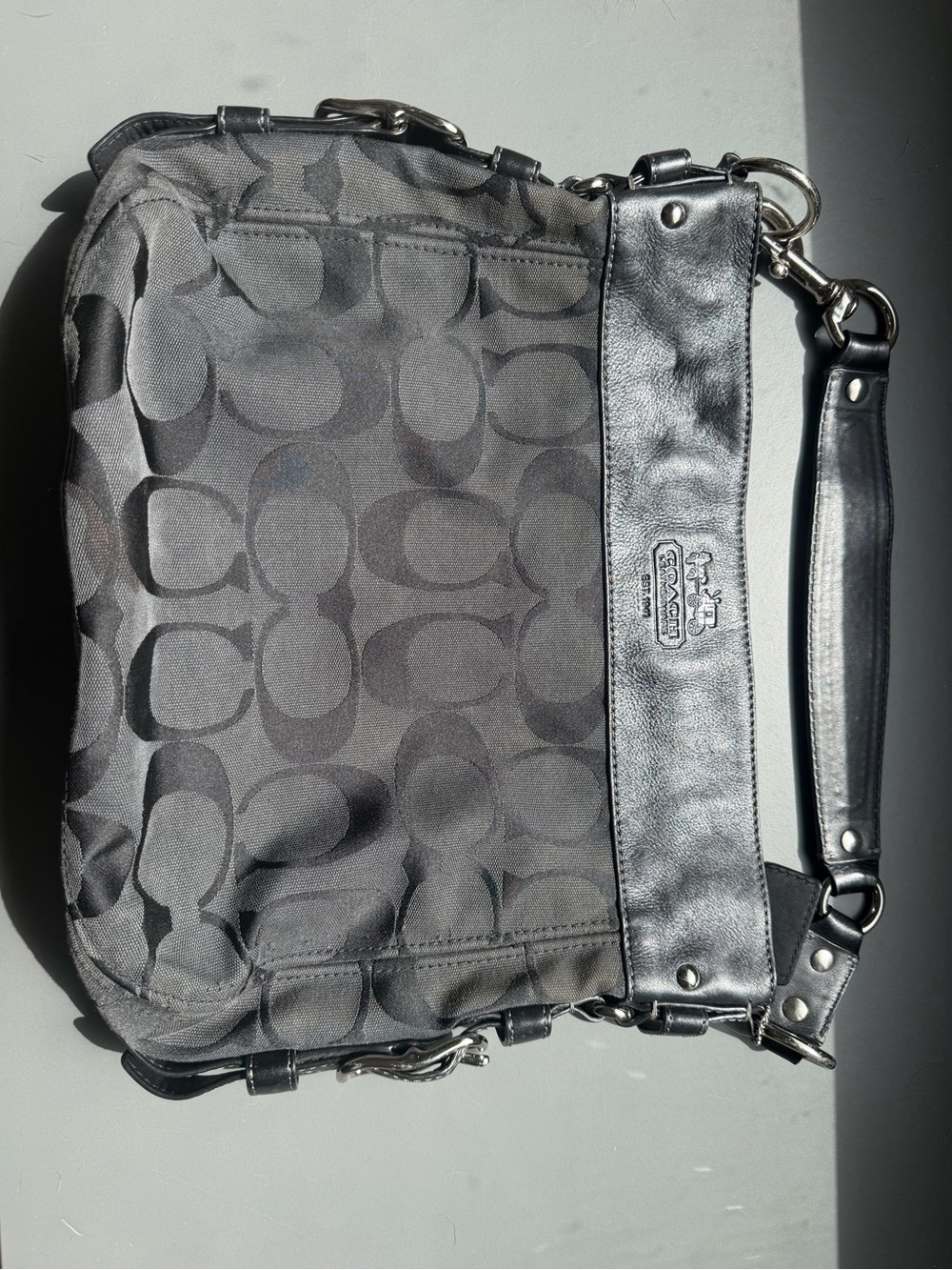 Coach Black Signature Jacquard Shoulder Bag with Leather Trim
